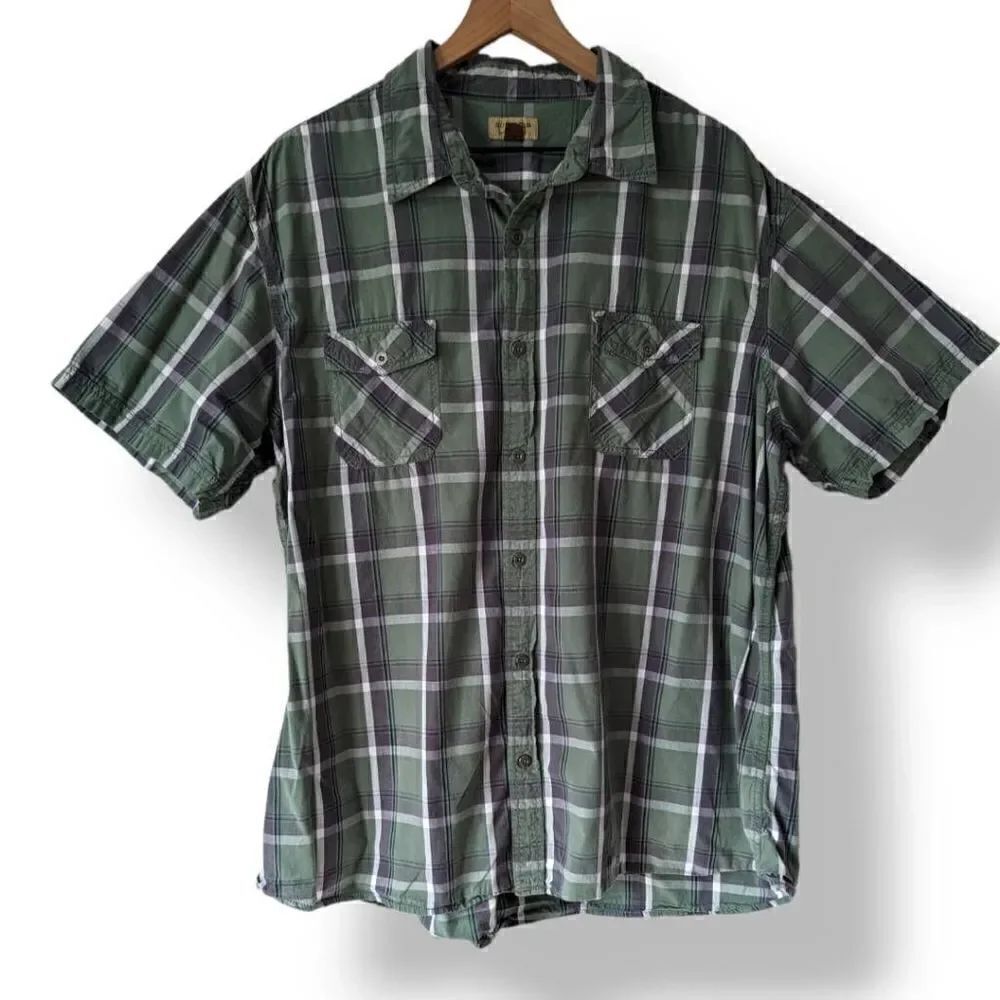 Sonoma Men's Short Sleeve Casual Button Up Green and Navy Plaid Size XXL